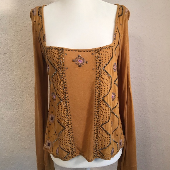 Free People size XS gold beaded long sleeve top - Picture 3 of 8